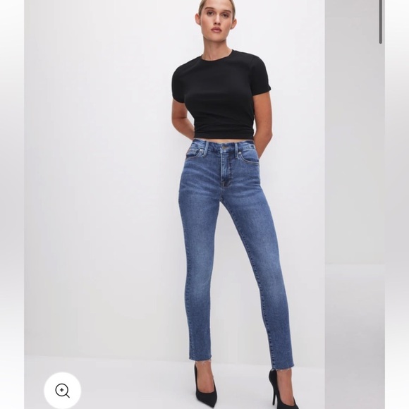 NWT GOOD AMERICAN GOOD WAIST RAW EDGE SKINNY JEAN IN BLUE B655 HI RISE SLIM LEG - Picture 1 of 14